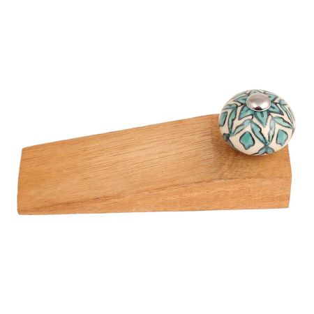 Sea Green Flower Ceramic Wooden Door Stopper